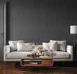 Leinwandbild Motiv Home interior, modern dark living room interior, black empty wall mock up, 3d render