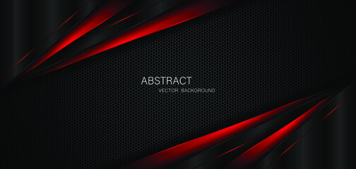 Wall Mural - Abstract black and red polygons overlapped on dark steel mesh background with free space for design. modern technology innovation concept background
