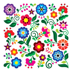 Poster - Mexican folk art vector floral greeting card pattern, square composition with flowers inspired by traditional embroidery designs from Mexico
 