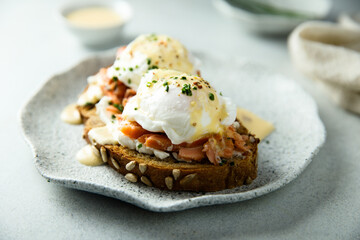 Canvas Print - Homemade eggs Benedict with salmon