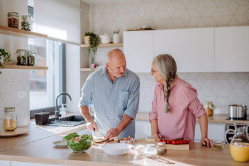 Happy senior couple cooking together at home.