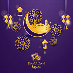 Wall Mural - Ramadan kareem 2022 background. Paper cut vector illustration with lantern,mosque, window, star and moon, place for text greeting card and banner