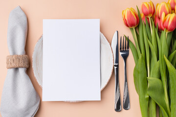 Wall Mural - Blank restaurant menu card mockup. Flat lay, top view, vertical.