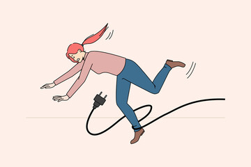 Clumsy woman stumble with power cable falling on floor. Graceless female fall down having injury or trauma because of accident. Caution or warning. Risk and challenge concept. Vector illustration. 