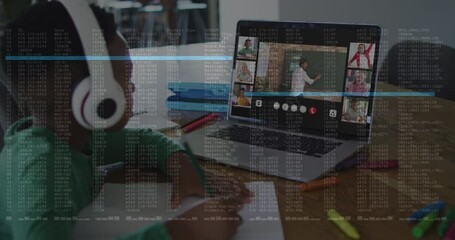 Wall Mural - Animation of data processing over african american boy having school video call