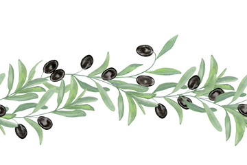 olive branch watercolor horizontal seamless border and ribbon. floral frame for invitations and gree