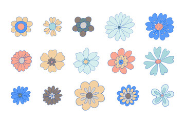 Fototapete - Hand drawn retro groovy flowers collection