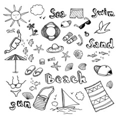 A set of black and white hand drawings of beach accessories.