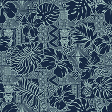 Hawaiian Style Hibiscus Flowers And Tropical Leaves With Tribal Elements Background Patchwork Abstract Vintage Vector Seamless Pattern 