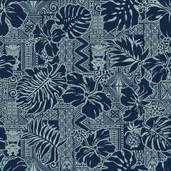 Wall Mural - hawaiian style hibiscus flowers and tropical leaves with tribal elements background patchwork abstra