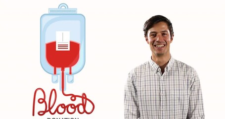 Poster - Animation of blood donation text with smiling caucasian man on white background