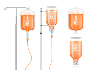 Sticker - Vitamin B1 solution inside saline bag, bottle and syringe hanging on pole. Isolated on white background vector. Collagen vitamins IV drip and minerals orange for health. Medical aesthetic concept