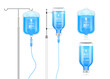 Vitamin B12 solution inside saline bag, bottle and syringe hanging on pole. Isolated on white background vector. Serum collagen vitamins IV drip and minerals blue for health. Medical aesthetic concept