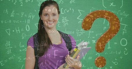 Canvas Print - Animation of mathematical equations and question mark over caucasian female student