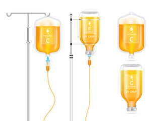 Wall Mural - Vitamin C solution inside saline bag, bottle and syringe hanging on pole. Isolated on white background vector. Collagen vitamins IV drip and minerals orange for health. Medical aesthetic concept