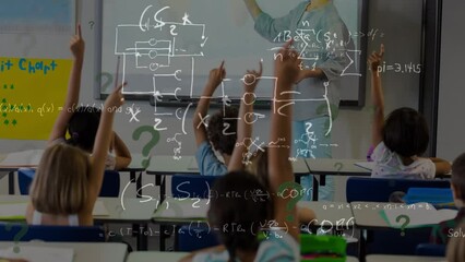 Wall Mural - Animation of mathematical formulas over students and teacher