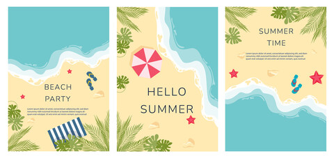 set of summer travel flyers with beach items and wave. tropical beach cards with sand, sea and palm 