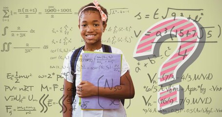 Poster - Animation of mathematical equations and question mark over african american schoolgirl