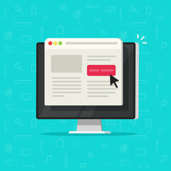 Computer online web site page screen with lead button click vector concept or website landing content on pc flat cartoon icon illustration