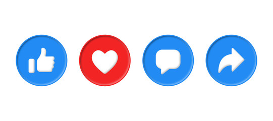 Wall Mural - 3d Social media notification icons in modern button like love comment share icon. thumbs up, heart, repost, icons	
