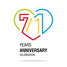 71 Years Anniversary Celebration Decoration Colorful Number Bounded By A Loving Heart Modern Love Line Design Logo Icon White Background