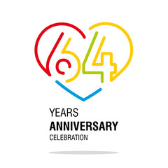 Wall Mural - 64 years anniversary celebration decoration colorful number bounded by a loving heart modern love line design logo icon white background