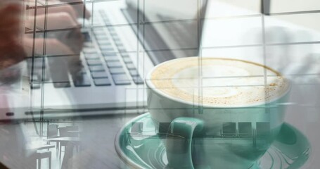 Wall Mural - Animation of hands of caucasian woman using laptop over cup of coffee