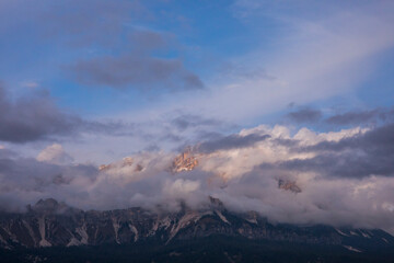 sunset in dolomites mountains, alps, northern italy