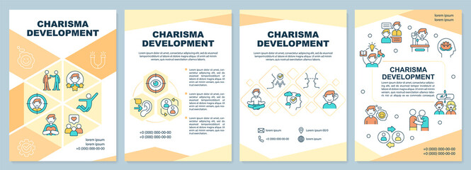 Charisma development orange brochure template. Build confidence. Leaflet design with linear icons. 4 vector layouts for presentation, annual reports. Arial-Black, Myriad Pro-Regular fonts used