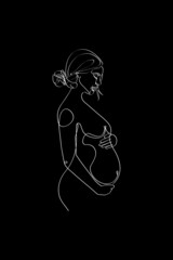 Wall Mural - Pregnant mom line art, Pregnancy one line drawing, printable wall art, Nude woman body print, Belly female figure, Minimalist print, White outline vector illustration on black background