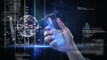 Wall Mural - animation of financial data processing over caucasian woman using smartphone