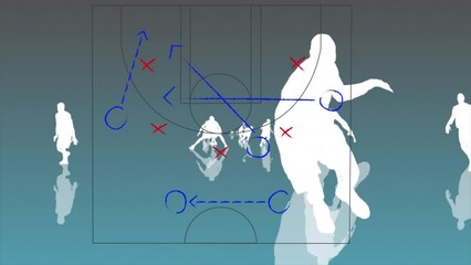 Wall Mural - Animation of drawing of game plan over basketball players silhouettes