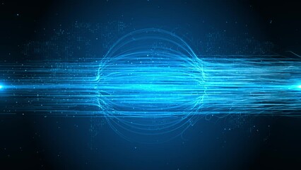 Blue Futuristic digital data transfer neon line technology Loop background. Bright beams. Abstract application code moving Round cyberspace. Data flow texture. wave lights cyber technology background.