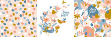 Flowers And Eggs Easter Vector Illustration Set