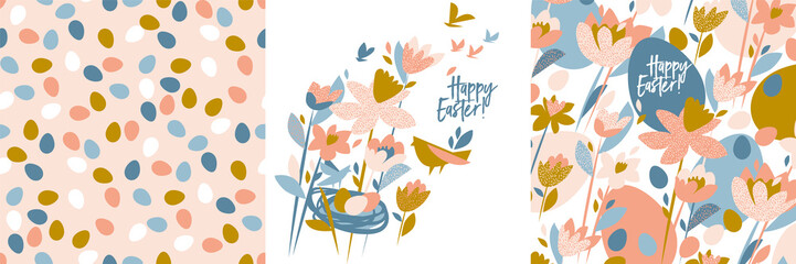 Flowers and eggs Easter vector illustration set