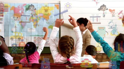 Wall Mural - Animation of falling school supplies over diverse schoolkids in class at school