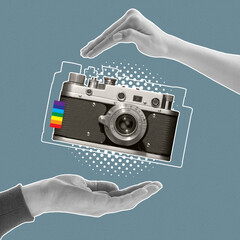 Contemporary art collage. Human hands holding retro camera isolated over blue backgroud. LGBTQIA support