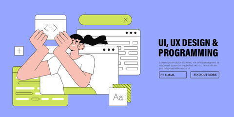 Wall Mural - business woman, smm manager, programmer. freelancer working on web and application development, desi