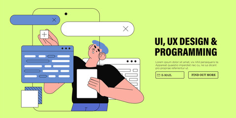 Wall Mural - business man, web designer, programmer. freelancer work on web and ui application development, desig