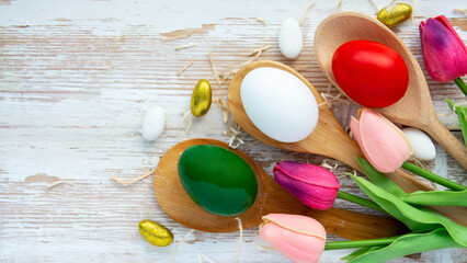 Wall Mural - Easter eggs as the color of the Italian, Hungarian, Bulgarian flag red, white, green. Happy Easter holiday card for Italy, Bulgaria, Hungary