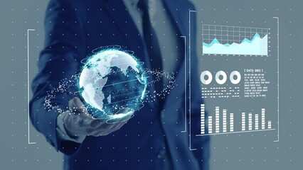 VR virtual reality metaverse office work meeting conference, business man global finance data analytics mix reality 3D presentation