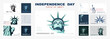 © VASYL - Independence day portrait Statue of Liberty, poster presentation. Set of green flat design templates. USA flag Holiday. The national symbol of America New York, banner.Name of advertising text, vector