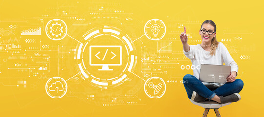 Web development concept with young woman holding her laptop