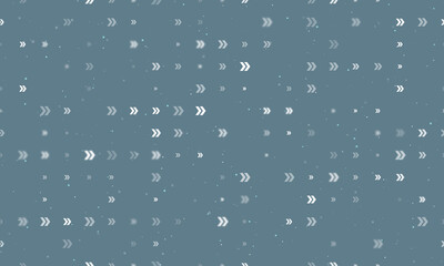 Seamless background pattern of evenly spaced white double arrow symbols of different sizes and opacity. Vector illustration on blue gray background with stars