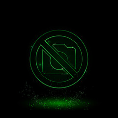 A large green outline no photo symbol on the center. Green Neon style. Neon color with shiny stars. Vector illustration on black background