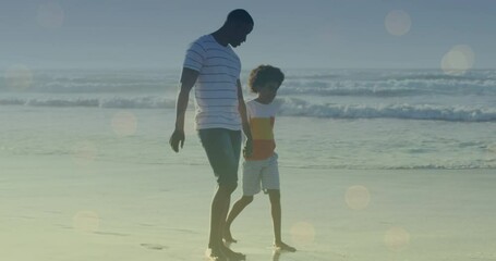 Wall Mural - Animation of light spots over african american man and his son walking together