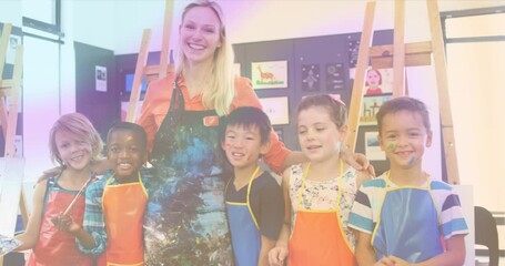 Wall Mural - Animation of smiling caucasian female teacher painting with diverse schoolchildren