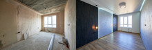Comparison Of Old Room With Building Tools And New Renovated Room With Plastic Window, Parquet Floor And Gray Walls. Photo Collage Of Modern Apartment Before And After Renovation.