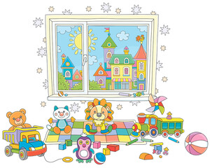 Wall Mural - Funny colorful toys scattered after a merry game in a nursery room with a pretty small town outside a window, vector cartoon illustration isolated on a white background