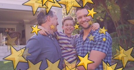 Wall Mural - Animation of stars over happy caucasian boy with grandfather and father in garden